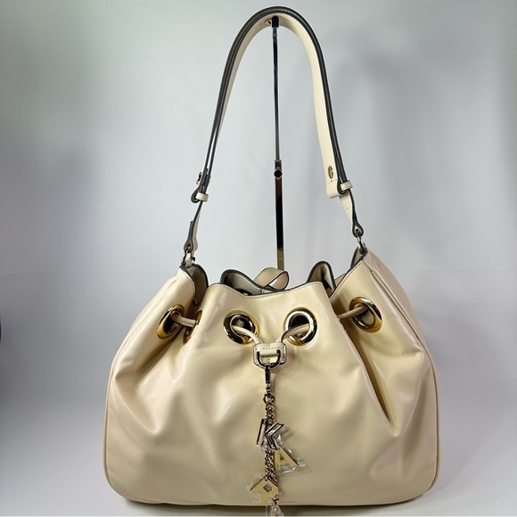 NEW Karl Lagerfeld Cream Desiree Leather Shoulder Crossbody Drawstring Bag - Picture 4 of 16